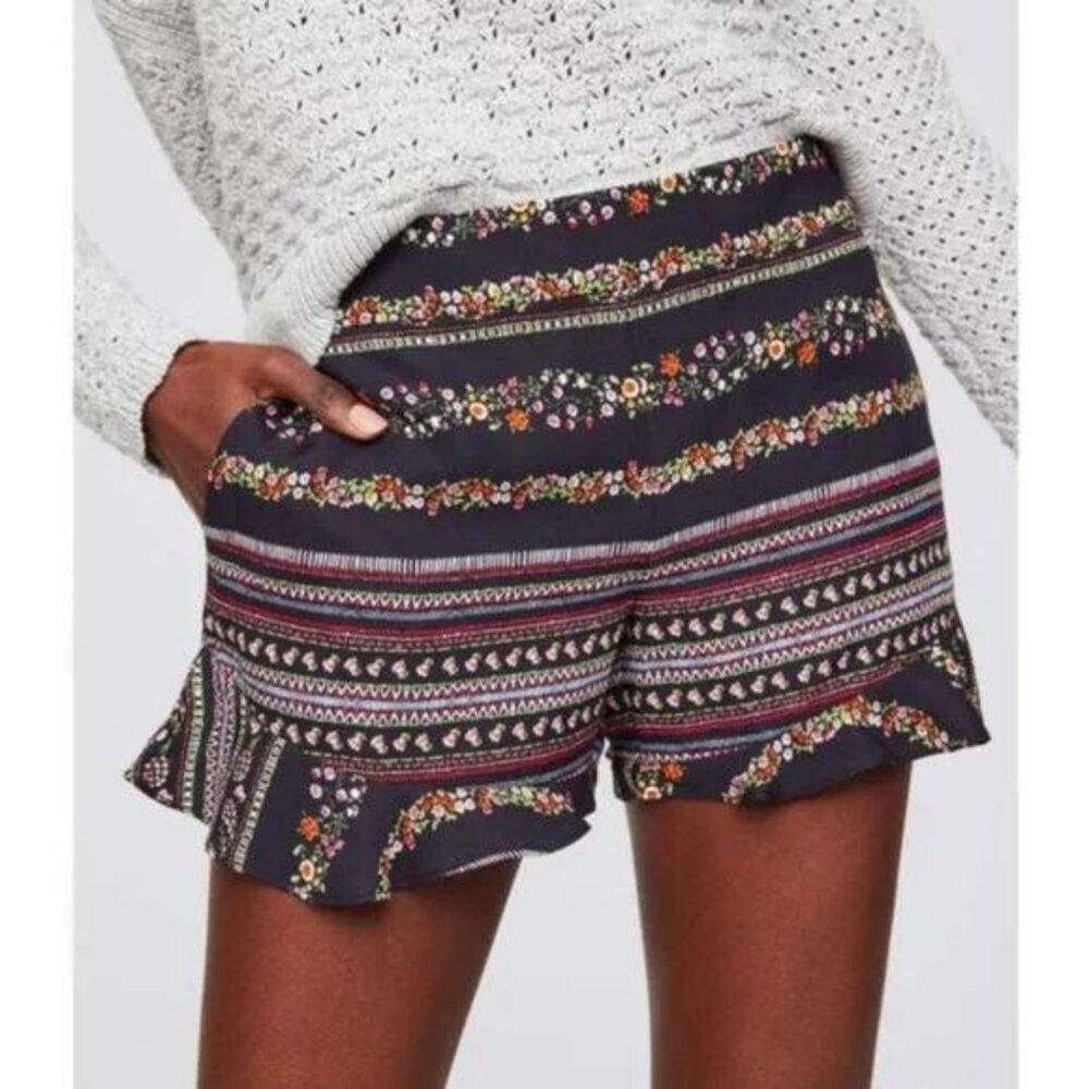 Ann Taylor Loft Black Ruffle Hem Floral Print Shorts Tribal Aztec Striped Sz 4